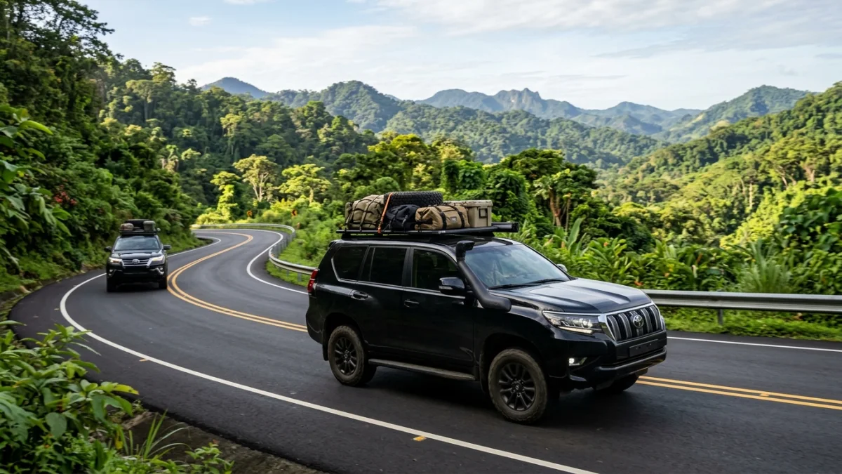 Transporte moderno en 4x4 de doble tracción hacia San Blas: viaje por carretera asfaltada de montaña con equipaje.