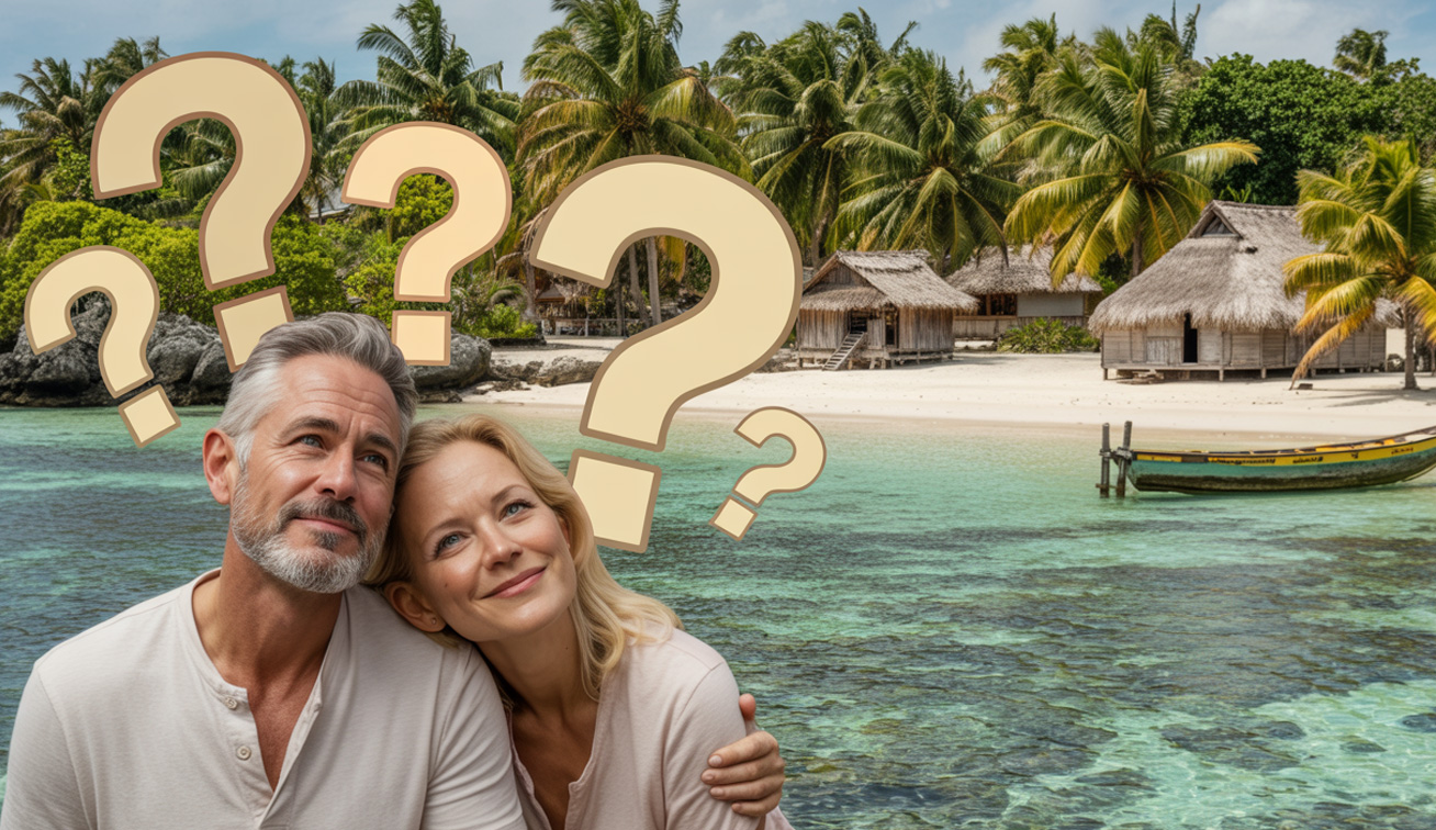 Pareja de turistas aprendiendo lengua guna con signos de interrogación e isla San Blas de fondo